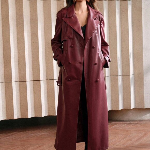 Burgundy Elegant Women's Casual faux Leather trench coat Jacket - Picture 1 of 7